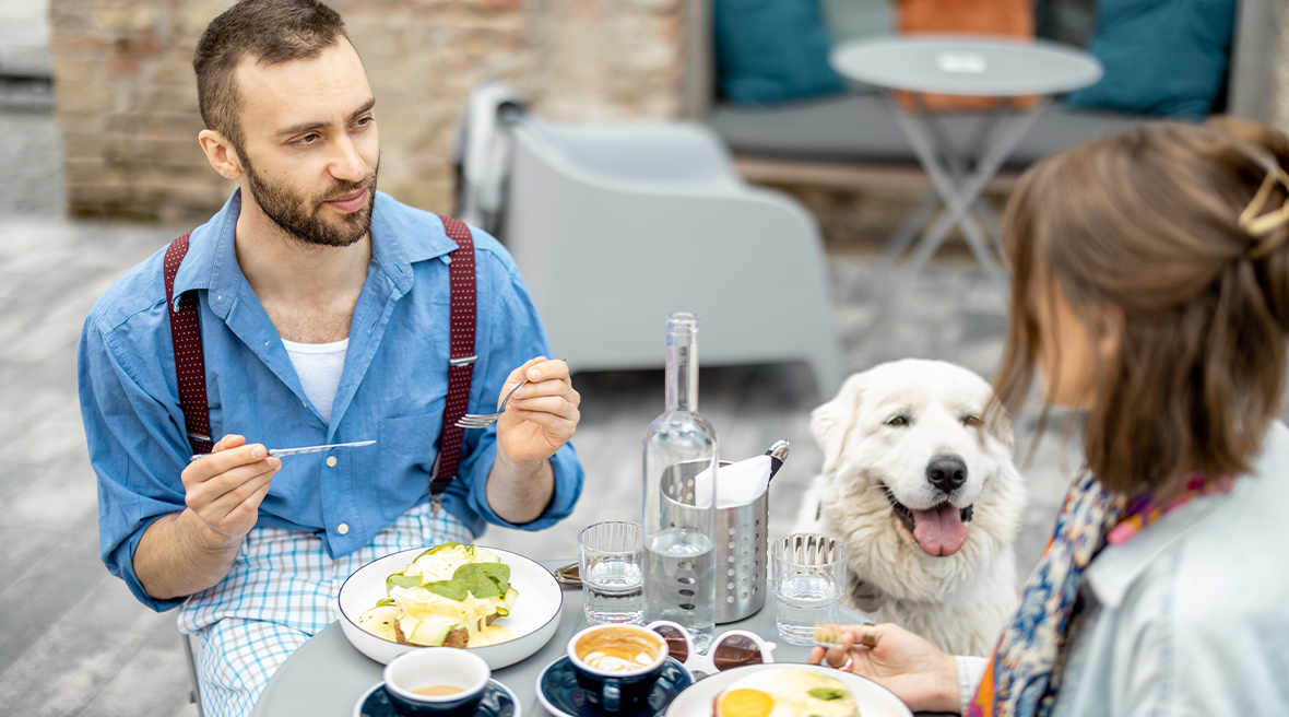 Stylish man and woman have breakfast at a table outdoors with a dog